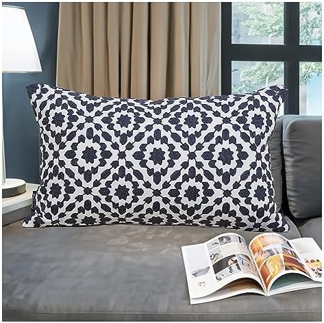 Decorative Throw Pillow Cover 1 pc 12x20 inch Cotton Canvas Muted Slate Blue Trellis Embroidery Dark Blue Mina Lumbar Pillow Case Cushion Cover, Navy Blue Dark Lumbar Pillow Sham 30x50cm by Aitliving