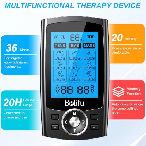 Belifu Dual Channel TENS EMS Unit 36 Modes Muscle Stimulator for Pain Relief Therapy, Electronic Pulse Massager Muscle Massager with 10 Pads, Dust-Proof Drawstring Storage Bag, Fastening Cable Ties - Image 4