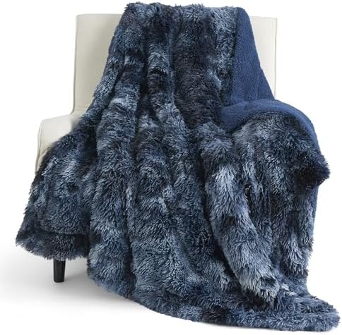 Bedsure Faux Fur Fluffy Sherpa Blanket Couch Throw Tie Dye Navy 50"x60" by Unknown