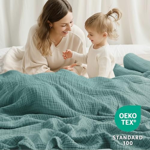 100% Cotton Muslin Blanket 50" x 60", Breathable and Lightweight Cotton Throw Blankets for Couch, Soft Cooling Summer Gauze Blanket for Adults All Season, Teal Blue - Image 4