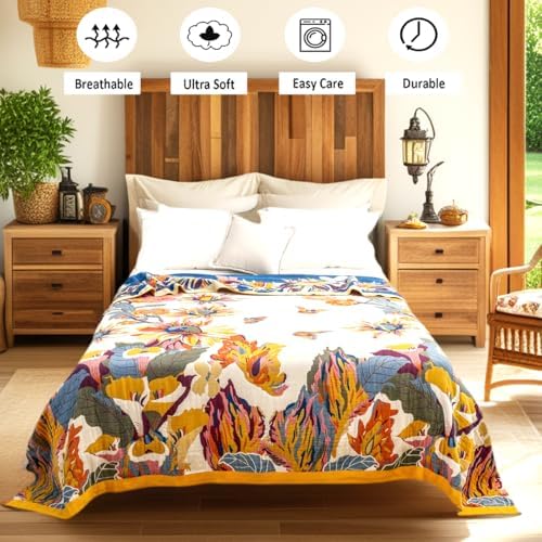 VANJOROY Boho Large Throw Blanket for Bed Couch, 100% Organic Cotton Soft Queen Throw-Floral Butterfly Decor Fall Blanket for Sofa Quilt and Gift, 80" x 90"-Beige - Image 4