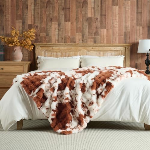 Lotus Karen Faux Fur Throw Blanket Cow Print-Light Brown, Fluffy Fuzzy Plush Bubble Blanket for Couch, 90x90 InchesCozy Shaggy Rabbit Blanket, Luxury Decorative Gifts for Sofa Bedroom Living Room. - Image 5