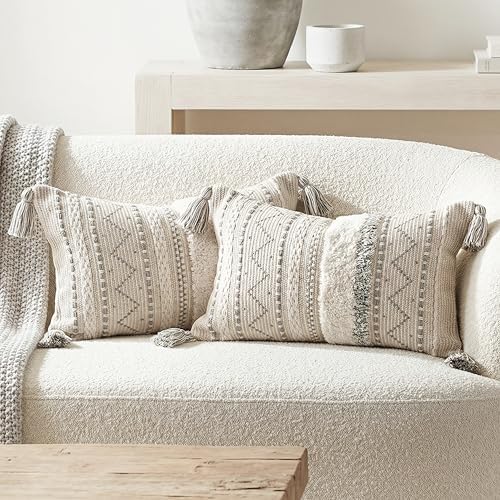 BlissBlush Decorative Lumbar Throw Pillow Covers 12x20 Combo Set of 2 Gray Rectangular Boho Accent Pillowcase Neutral Grey Farmhouse Cushion for Couch Sofa Bedroom Living Home Décor Cover ONLY by BlissBlush
