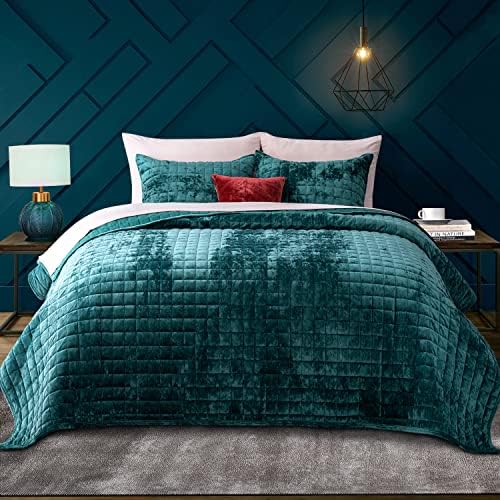 RECYCO Channel Box Stitch Velvet Quilt Set, Full Queen Size, Teal by RECYCOHOMECOLLECTION