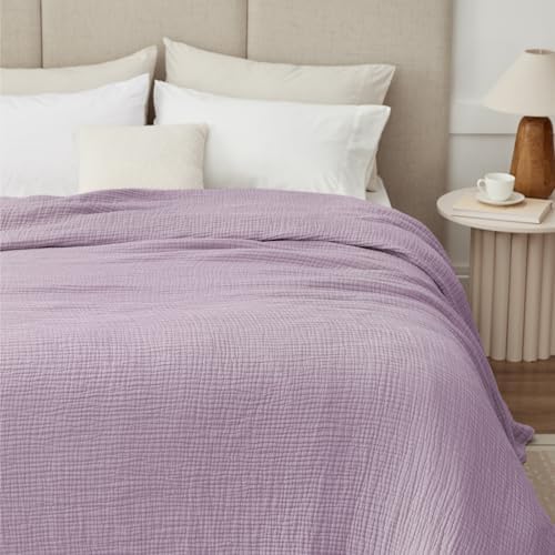 100% Cotton Muslin Blanket California King 120" x 90", 6 Layers Breathable and Lightweight Oversized Blankets for Bed, Soft Cooling Gauze Blanket for Adults All Season, Lavender - Image 3