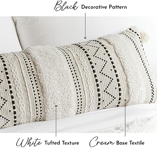BlissBlush 14x36 Lumbar Pillow Cover for Bed, Rectangular Long Decorative Throw Pillowcase, Boho Accent Cushion with Black Tufted Pattern and Tassels, Cream Neutral (Cover Only) - Image 5
