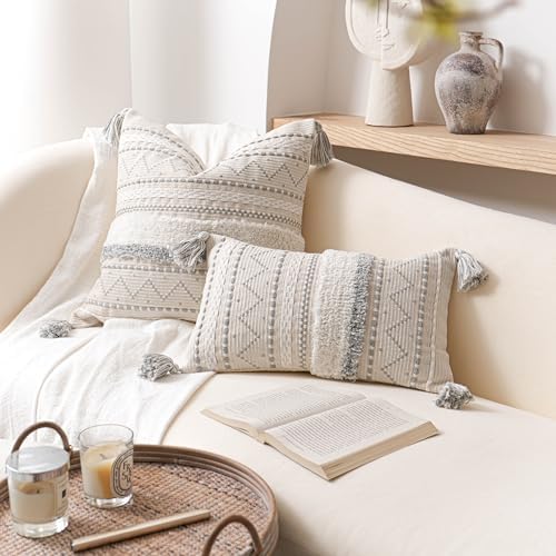 BlissBlush 12x20 Lumbar Pillow Cover, Cream Neutral Rectangular Decorative Cushion Cover with Gray Pattern, Boho Accent Pillowcase with Tassels for Couch Sofa Living Room (Cover Only) - Image 7