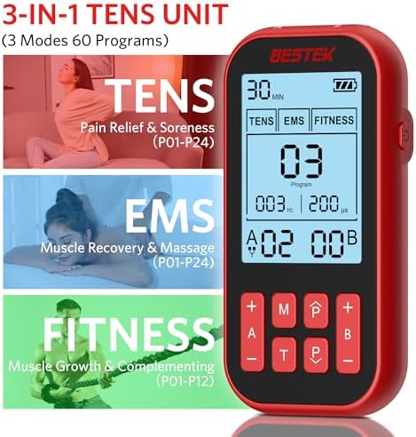 BESTEK TENS Unit Muscle Stimulator, 3-in-1 60 Program with 20 Replacement Pads, Rechargeable EMS Massage Machine for Back, Sciatica,Shoulder,Knee Pain Relief - Image 2
