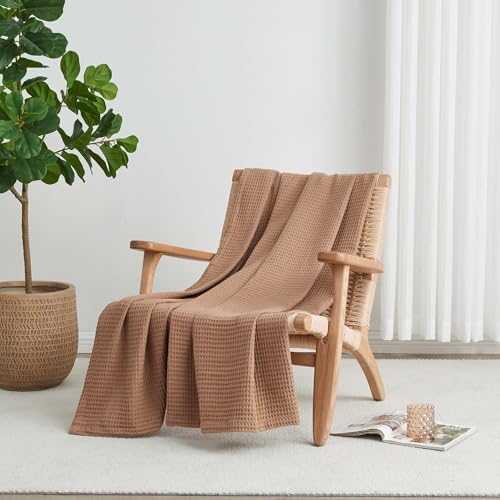 100% Cotton Taupe Blanket King Size for Bed - Breathable and Soft, Waffle Weave for Summer Spring, 102x90 Inches (Toffee) - Image 3