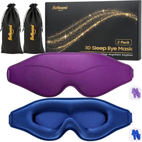 BeHoomi Sleep Mask, 2 Packs Premium Eye Mask for Sleeping, Total Blackout, Superior Soft Comfort, Upgraded 3D Ergonomic Designed Sleeping Mask for Home, Office, Travel, Meditation, Yoga, Blue & Purple by BeHoomi