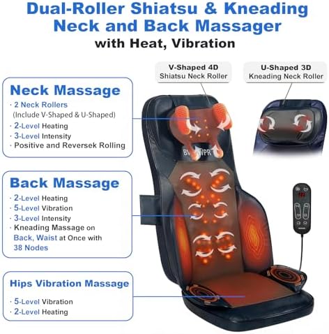 Massage Chair Pad with Dual Neck Modules and Heat, Navy Blue - Image 3