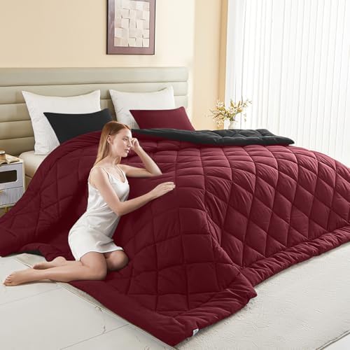 MIOTO 120x98 Oversized King Comforter,Super King Size Comforter Oversized, All Season Soft Lightweight Quilt Down Alternative Duvet Insert with 8 Corner Tabs, Burgundy/Black by MIOTO