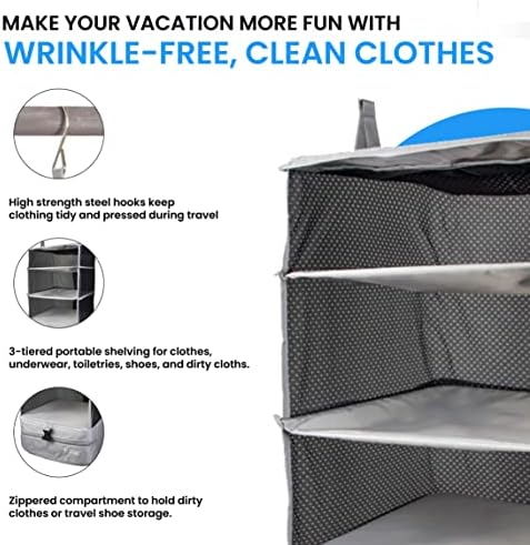 Grand Fusion Stow-N-Go Portable Hanging Travel Shelves, Packing Organizer for Luggage. Carry on Closet with Hanger for Clothes. Expandable Packing Cube. Travel Essentials, Light Gray - L - Image 7