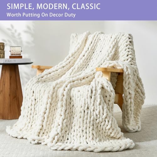 Bigacogo Chunky Knit Throw Blanket for Couch, 40x80 inches, Vintage White - Image 3