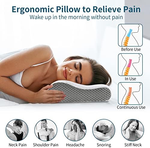Neck Pillow Memory Foam for Pain Relief Bed Pillow for Sleeping, Ergonomic Orthopedic Cervical for Neck and Shoulder Pain, Side Back Stomach Sleeper(White&Grey) - Image 4