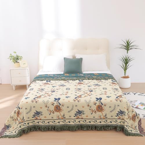 VANJOROY Boho 100% Organic Cotton Muslin Throw Blanket 50" x 60" - All Season Rustic Ultra Soft Breathable Floral Bird Blanket for Bed Sofa Couch Chair Bedspread Quilt Gift-Teal/Beige - Image 6