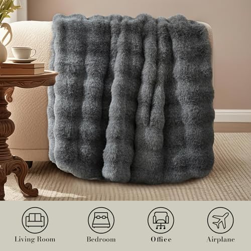Amélie Home Faux Fur Throw Blanket, Ultra Soft Fuzzy Plush Bubble Blanket for Couch, Bed & Living Room, 60"x80", Cationic Wolf Gray - Image 2