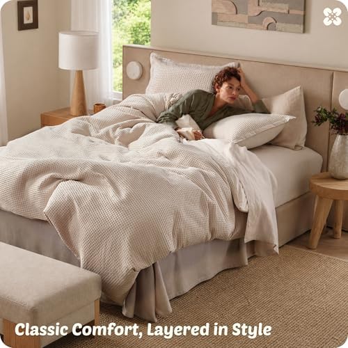 Bedsure PureWoven 100% Cotton Waffle Weave Duvet Cover Set, 3 Pieces, Beige - Image 6
