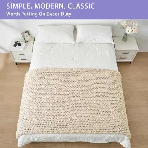 Bigacogo Chunky Knit Throw Blanket for Couch, 40x80 inches, Beige - Image 3