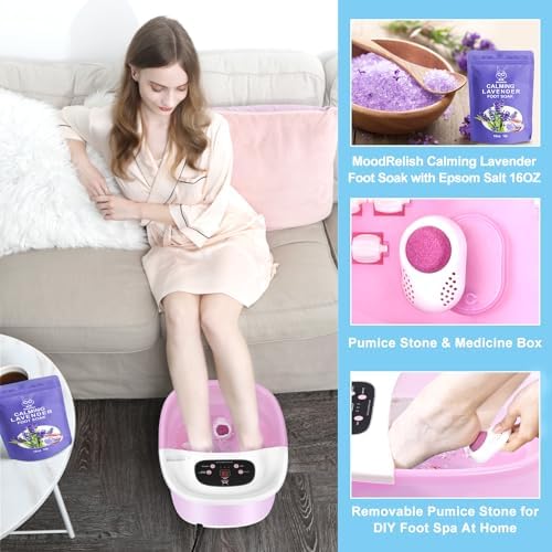 Foot Spa Bath Massager with Heat Bubbles and Vibration Massage and Jets, 16 OZ Calming Lavender Foot Soak Epsom Salt, Foot Soaker with Red Light, 22 Massage Rollers, Adjustable Temp - Pink - Image 4