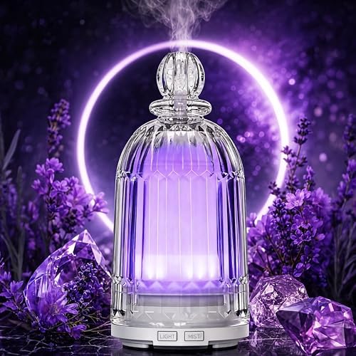 Glass Essential Oil Diffuser, Aroma Diffusers with Glass Cover & Plastic Reservoir Small Humidifiers with 7 Color LED Lights Auto-Off for Home Office Bedroom Yoga 120ml(White Bottom) - Image 2