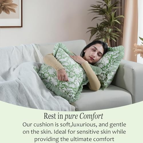 CPC Olive Green 100% Cotton Block Print Ruffle Pillow Cover 16X16 inch, Handmade Boho Floral Pillowcase, Farmhouse Cottagecore Bedding, Soft Decorative Cushion Cover for Bedroom Décor - Image 2