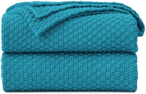 Longhui bedding 100% Cotton Knitted Throw Blanket – Teal, Soft & Cozy, Machine Washable, 51"x63" – Perfect for Living Room, Couch, Sofa, Bed or Travel by LongHuiBedding