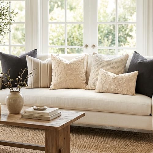 BlissBlush Decorative Throw Pillow Cover 20x20, Beige Neutral Velvet Accent Cushion Cover for Couch Sofa Living Room, Floral Tufted Square Pillowcase (Cover Only) - Image 3