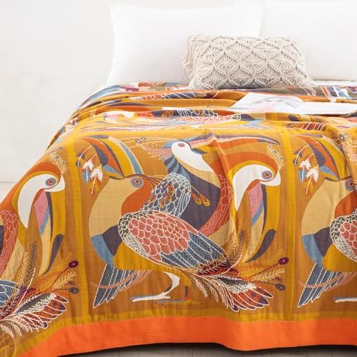 100% Muslin Cotton Throw Blanket for Couch Bed Adults Kids, Oriole Bird Printed Boho Quilt 4 Layers Ultra Soft Lightweight Reversible Gauze Blanket for All Season (Multi,90"x98") - Image 2