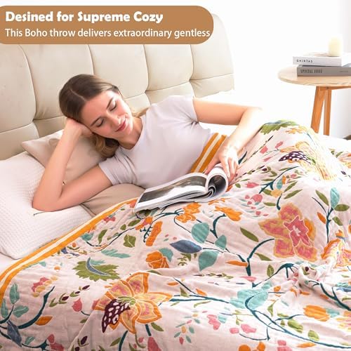 VANJOROY Boho Throw Blanket, 100% Organic Cotton Breathable Ultra Soft 80" x 90" Bed Quilt Throw - All Season Floral Rustic Farmhouse Decor Luxury Reversible Blanket for Sofa Couch Chair and Gift - Image 2