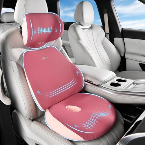 FLORICH Car Seat Cushion & Lumbar Support Pillow & Car Neck Pillow, Ergonomic Memory Foam Driving Seat Cushion for Back & Sciatica Pain Relief, Non-Slip Washable Cushion for Car, Driver, Office-Pink by FLORICH