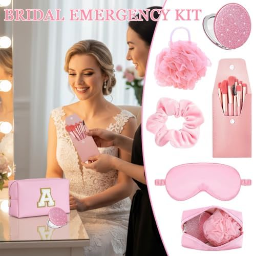 Makeup Gift Set – Initial Cosmetic Bag, Pink Spa Accessories, Satin Eye Mask & Headband; Spa Party Supplies for Girls, Sleepover Party Supplies Gifts for Teen Girls Bridesmaid - Image 5