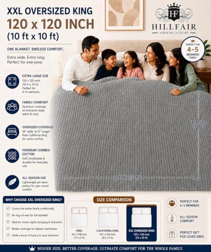 HILLFAIR 100% Cotton Blanket- 120" x 120" XXL Oversized King Bed Blankets - Family Size 10 ft x 10 ft Big - All Season Soft Cozy Breathable Blankets for Bed - Extra Large King Cotton Blanket- Grey - Image 3