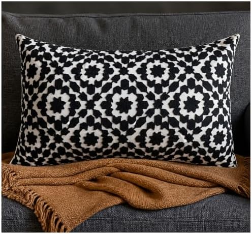 Embroidered Summer Decorative Lumbar Sofa Pillow Cover 12"x20", Mina Black Trellis Throw Pillowcase Pattern, Cotton Canvas Bolster Cushion Case for Couch Bed Living Room Decor(Black and White) by Aitliving