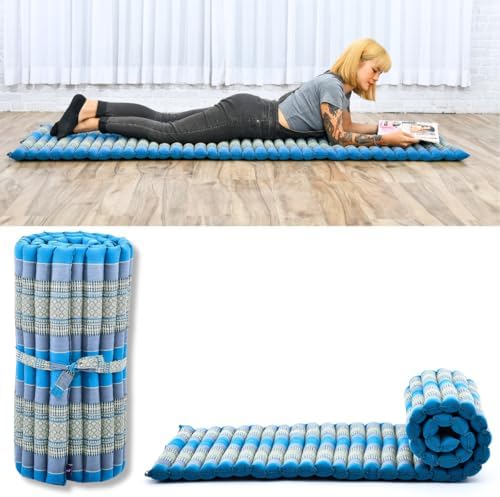Leewadee - Foldable Floor Mattress - Japanese Roll Up Futon -Trifold Tatami Mat- Guest Floor Bed - Camping Mattress - Thai Massage Mat, Kapok Filled, 75 x 28 inches, Light Blue by Leewadee