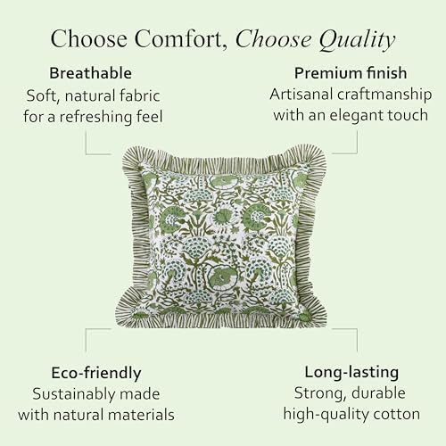 CPC Block Print Ruffle Throw Cover Agate Green 16"x16" Inch Pack of 2-100% Cotton Ruffle Couch Decorative Boho Pillows Case for Living Room, Bedroom, Sofa, Farmhouse Gift for Spring, Mother's Day - Image 6