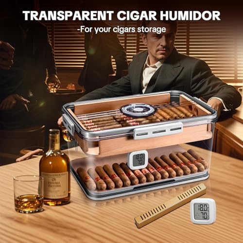 Cigar Humidor, Transparent Humidor Box with Humidifier and Hygrometer, Desktop Cigar Humidor Box with Cedar Wood Chips, Cigar Case, Cigar Gifts for Men (small hold 25-30 cigars) - Image 6