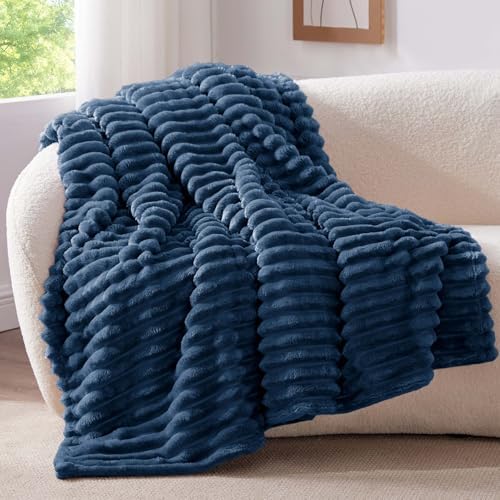 BEDELITE Ribbed Fleece Throw Blanket for Couch, Navy, 50"x70" - Image 2