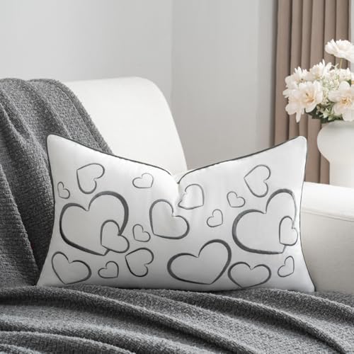 Sanmetex Embroidery Loving Heart Lumbar Pillow Covers, Soft Decorative Throw Pillow Case 12x20 Inches for Bed Bedroom Living Room and Home Décor Grey by Sanmetex
