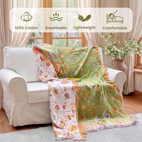 MSGKV Boho Throw Blanket 90"x90" Summer Cotton Butterfly Floral Blanket - Image 2