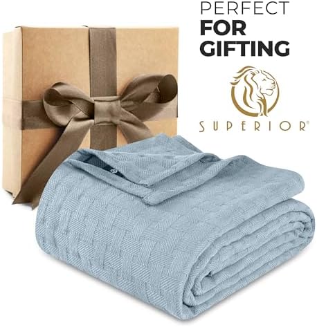 Superior Basketweave Cotton Blanket, Basket Weave Design, Soft, Comfy Cover for Bed, Bedding, Bedroom, Couch Throw, Lounging, Modern Boho Medium Weighted Blankets, Full/Queen, Light Blue - Image 3