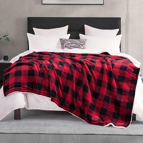 Elegant Comfort Ultra Soft Reversible Buffalo Plaid Flannel Sherpa Blanket - Cozy Silky Checkered Fleece Throw for Couch, Bed - Plush Fuzzy Warm Winter Blanket for Gift, King, Burgundy - Image 2