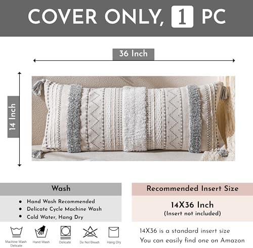 BlissBlush 14x36 Lumbar Pillow Cover for Bed, Rectangular Long Decorative Throw Pillowcase, Boho Accent Cushion with Gray Tufted Pattern and Tassels, Cream Neutral (Cover Only) - Image 4