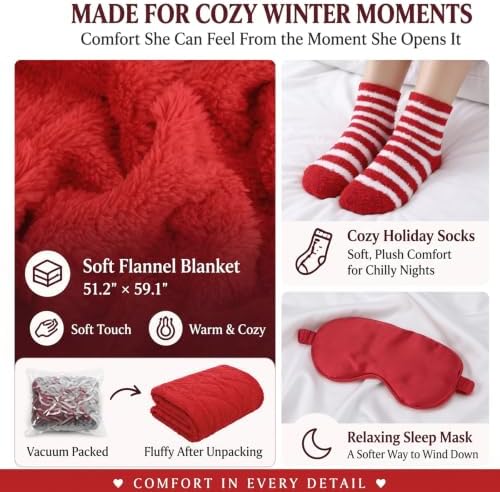 Willinglong 11 Pcs Christmas Basket Gifts for Women- Red Xmas Gift Set with Candle Basket Blanket Mug Scrunchie Headband Socks Bracelet Hair Claw Eye Mask Greeting Card for Mom Wife Teacher - Image 6