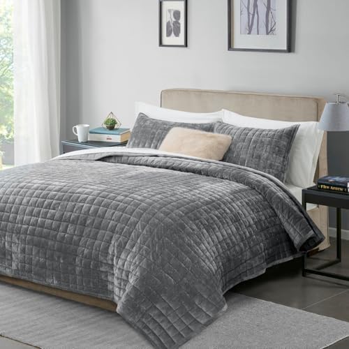 RECYCO Channel Box Stitch Velvet Quilt Set, Twin/Twin XL Size, Gray by RECYCOHOMECOLLECTION