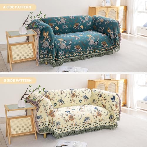 VANJOROY Boho 100% Cotton Large Throw Blanket King - All Season Rustic Ultra Soft Breathable Floral Bird Blanket for Bed Sofa Couch Chair Bedspread Quilt Gift, 91" x 108"-Teal/Beige - Image 7