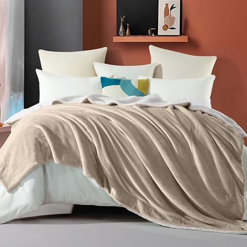 Elegant Comfort Ultra Soft Reversible Flannel Sherpa Blanket - Cozy Silky Fleece Throw for Couch, Bed - Plush Fuzzy Warm Winter Blanket for Gift, King, Cream - Image 2