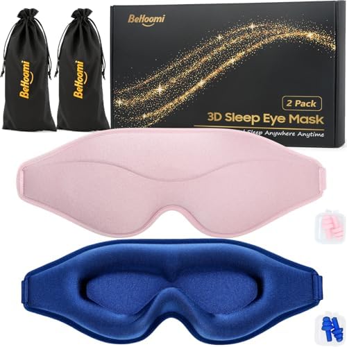BeHoomi Sleep Mask, 2 Packs Premium Eye Mask for Sleeping, Total Blackout, Superior Soft Comfort, Upgraded 3D Ergonomic Designed Sleeping Mask for Home, Office, Travel, Meditation, Yoga, Blue & Pink by BeHoomi