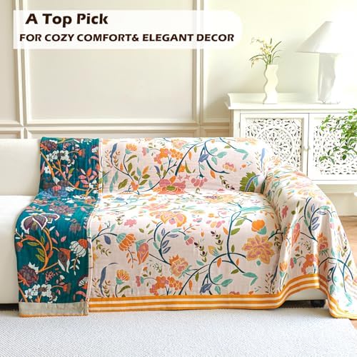 VANJOROY Boho Throw Blanket for Bed, 100% Organic Cotton Breathable Ultra Soft 50" x 60" Quilt Beige Throw - All Season Floral Farmhouse Decor Luxury Reversible Blanket for Sofa Couch Chair and Gift - Image 2