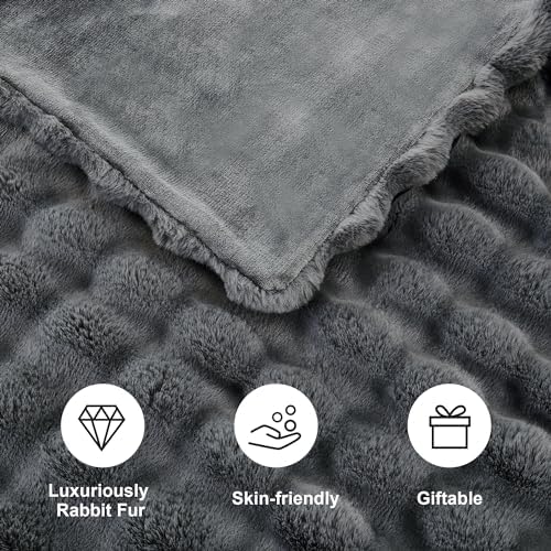 DREAMNINE Soft Faux Bubble Rabbit Fur Throw Blanket for Couch, Thick Cozy Decorative Warm Fuzzy Fur Blanket for Sofa Chair Bedroom Living Room Dorm Gift, 50 * 60 Inches, Grey - Image 4